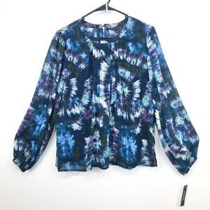 Zac & Rachel Navy Blue Purple Tie Dye Burst Long Sleeve Lightweight Blouse - NEW